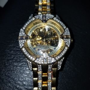 Elgin Iced Out Mens Skeleton Automatic Gold Plated